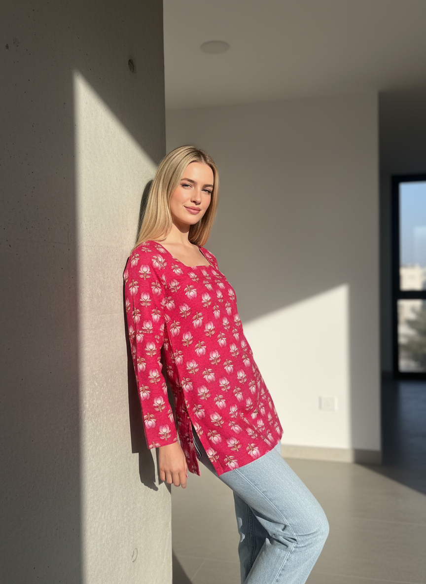 Rose Bloom Cotton Short Kurti