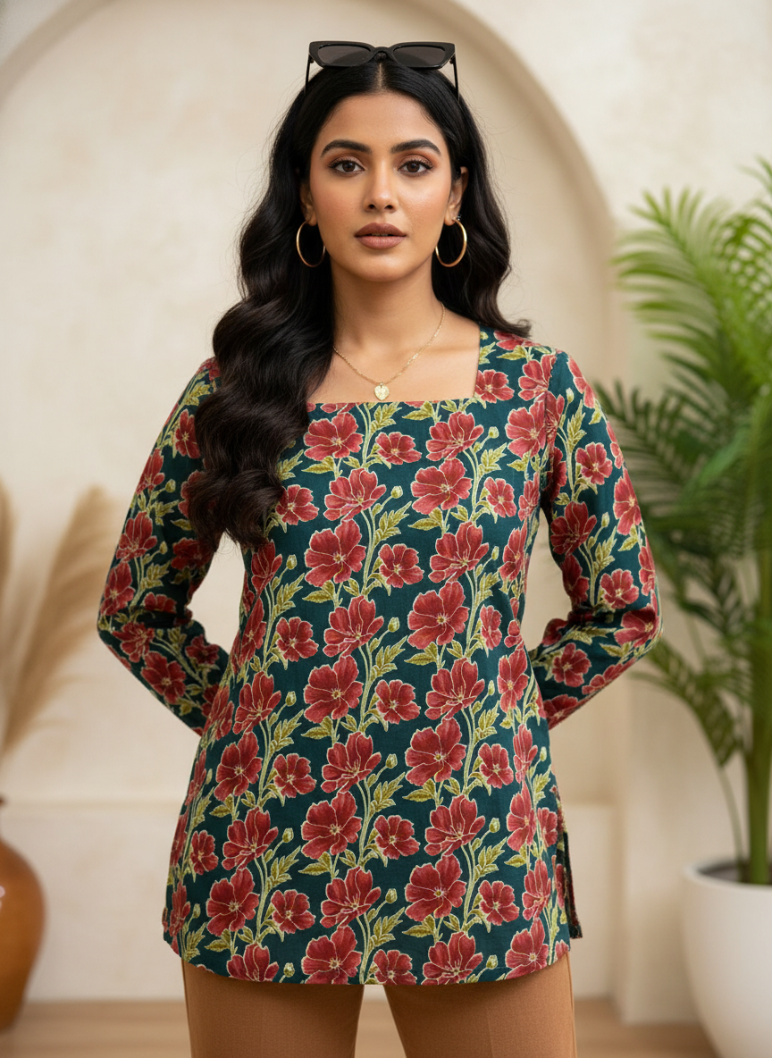 Black Red Flower Cotton Short Kurti