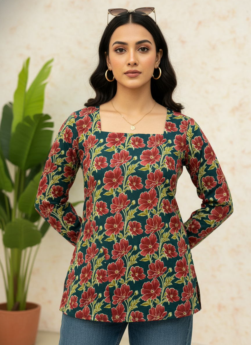 Black Red Flower Cotton Short Kurti
