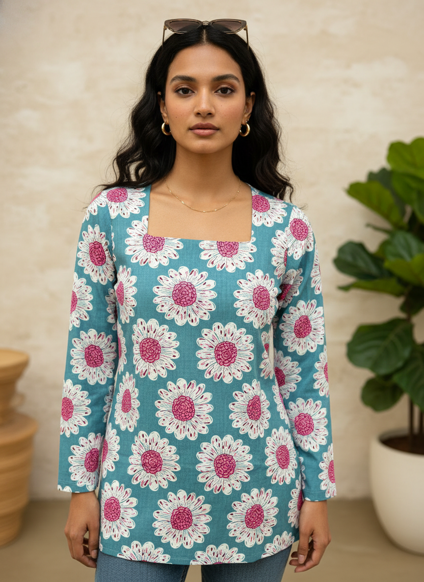 Sky Blue Flower Cotton Short Kurti