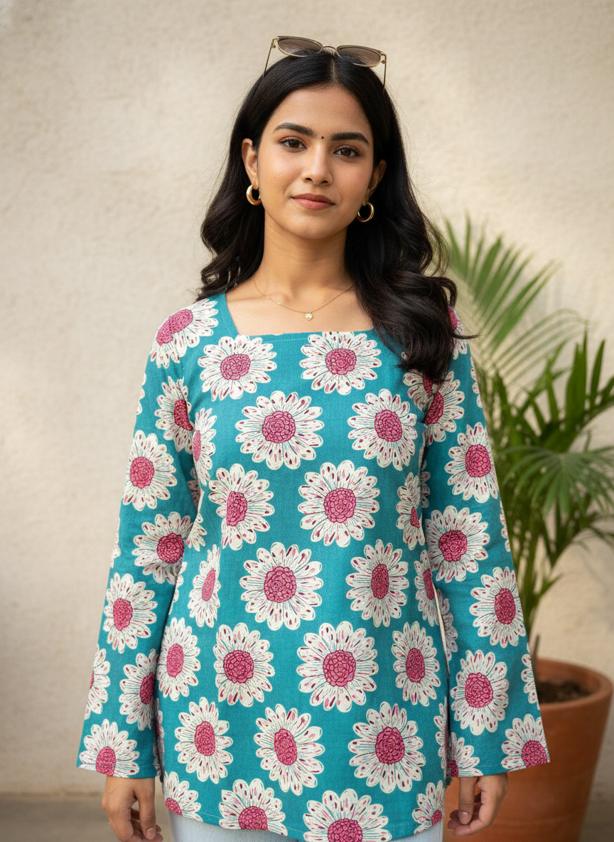 Sky Blue Flower Cotton Short Kurti