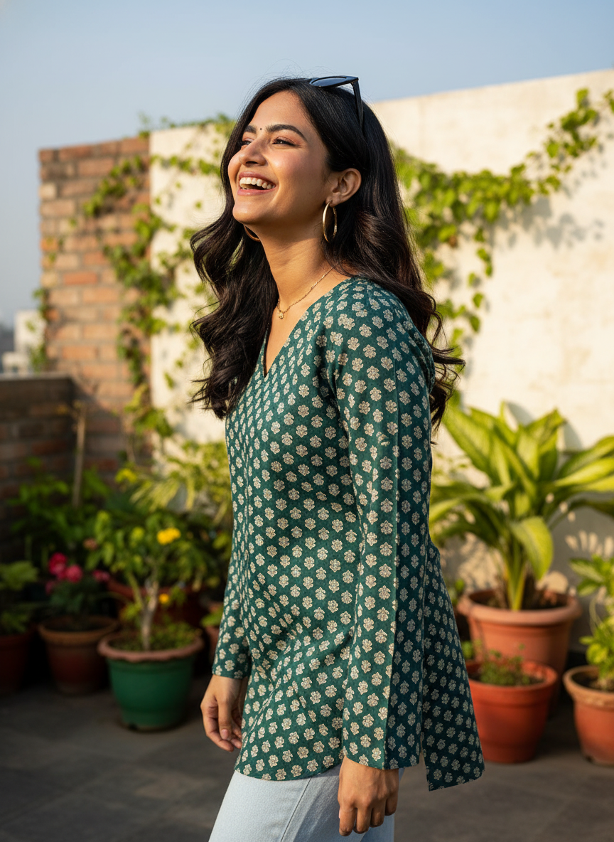 Emerald Bloom Cotton Short Kurti