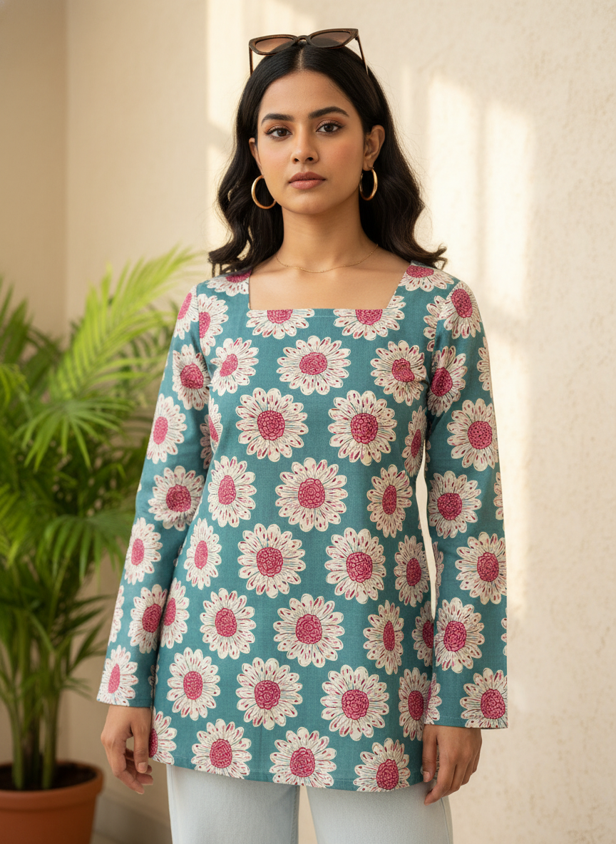 Sky Blue Flower Cotton Short Kurti