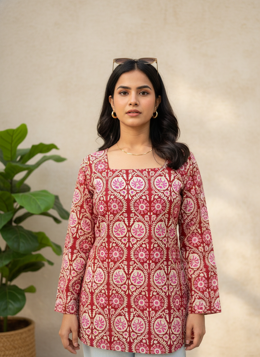 Red Geometry Flower Cotton Short Kurti