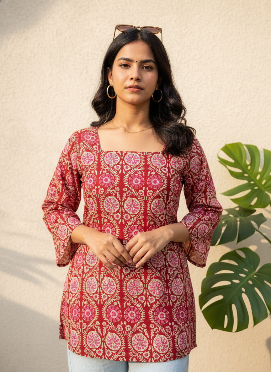 Red Geometry Flower Cotton Short Kurti