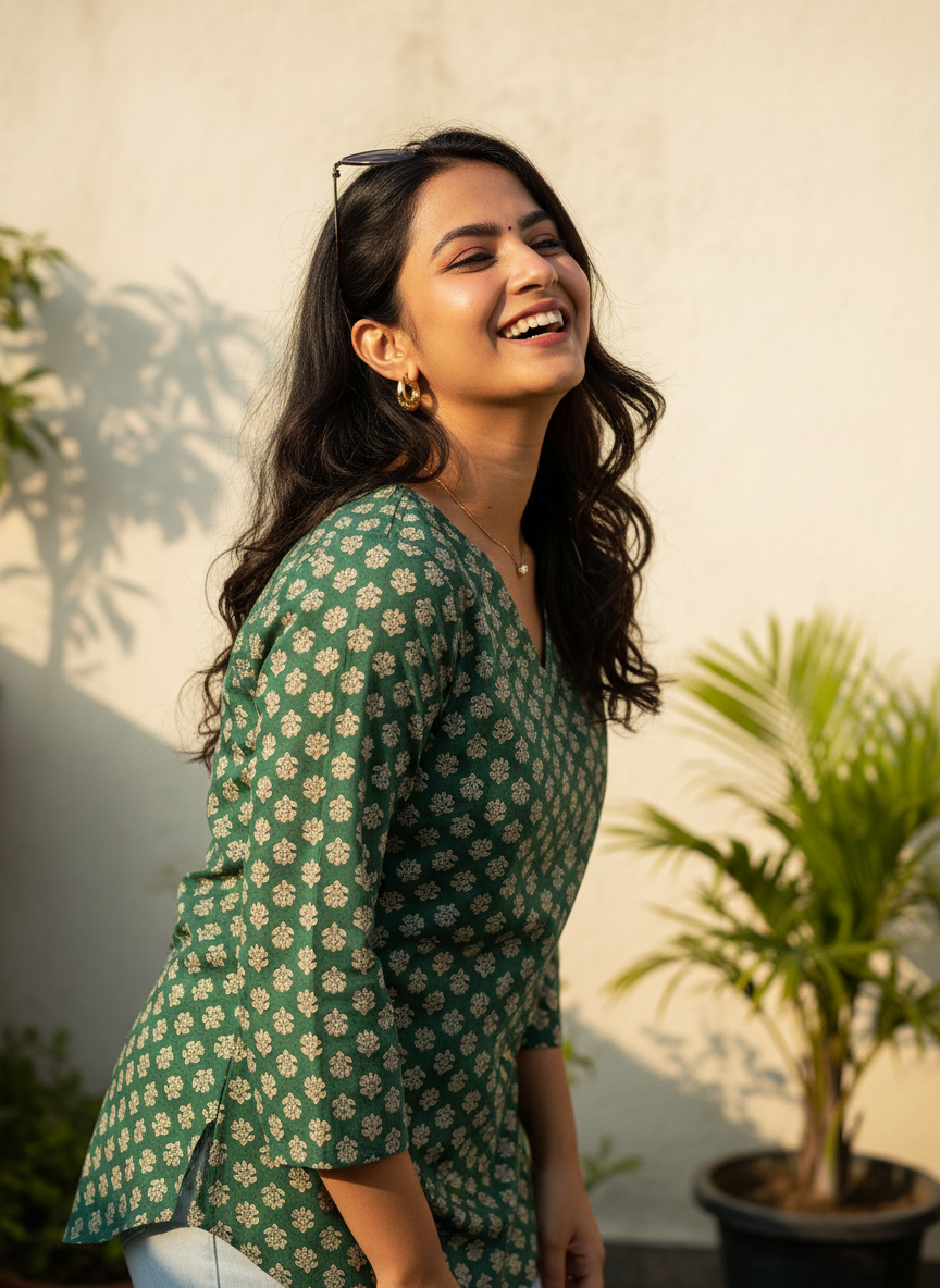 Emerald Bloom Cotton Short Kurti