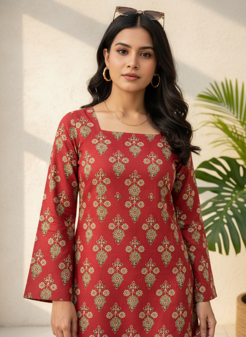 Maroon Flower Cotton Short Kurti