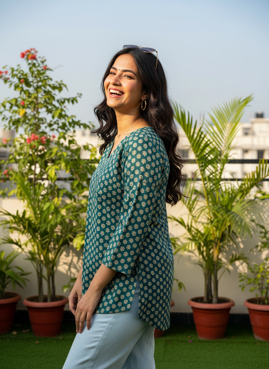 Emerald Bloom Cotton Short Kurti