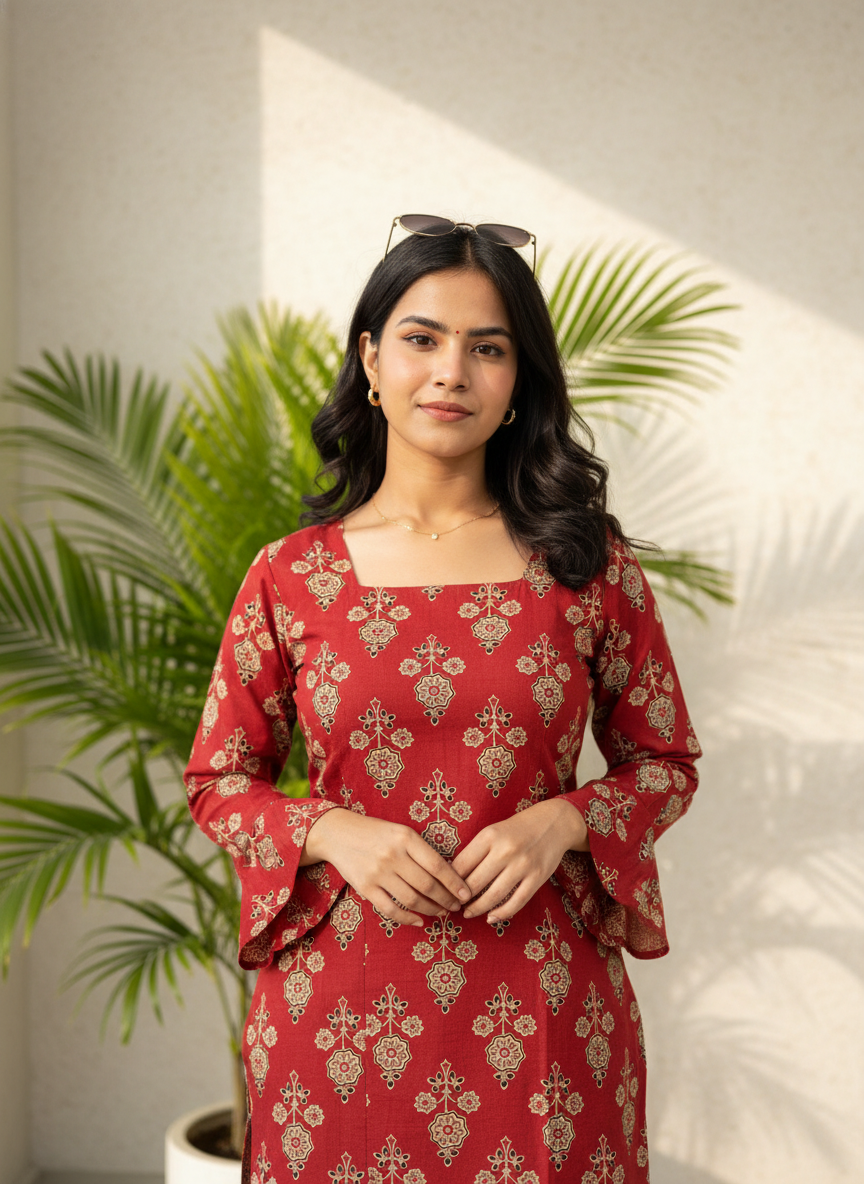 Maroon Flower Cotton Short Kurti