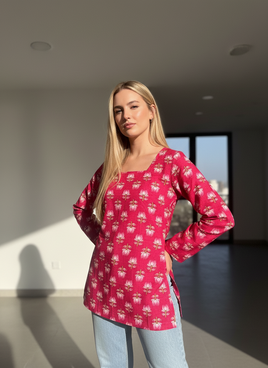 Rose Bloom Cotton Short Kurti