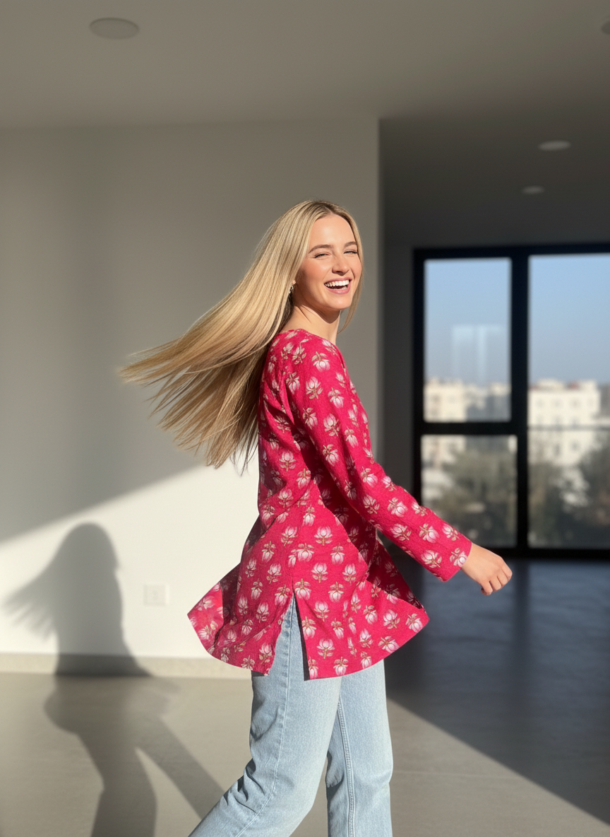 Rose Bloom Cotton Short Kurti