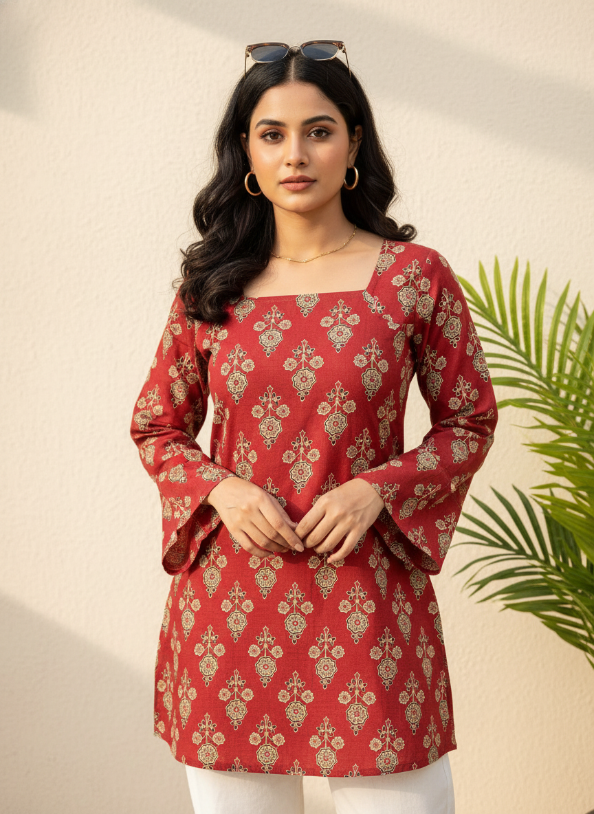 Maroon Flower Cotton Short Kurti