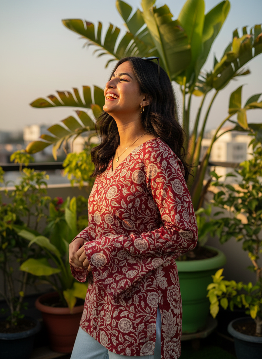 Maroon Peacock Garden Cotton Short Kurti
