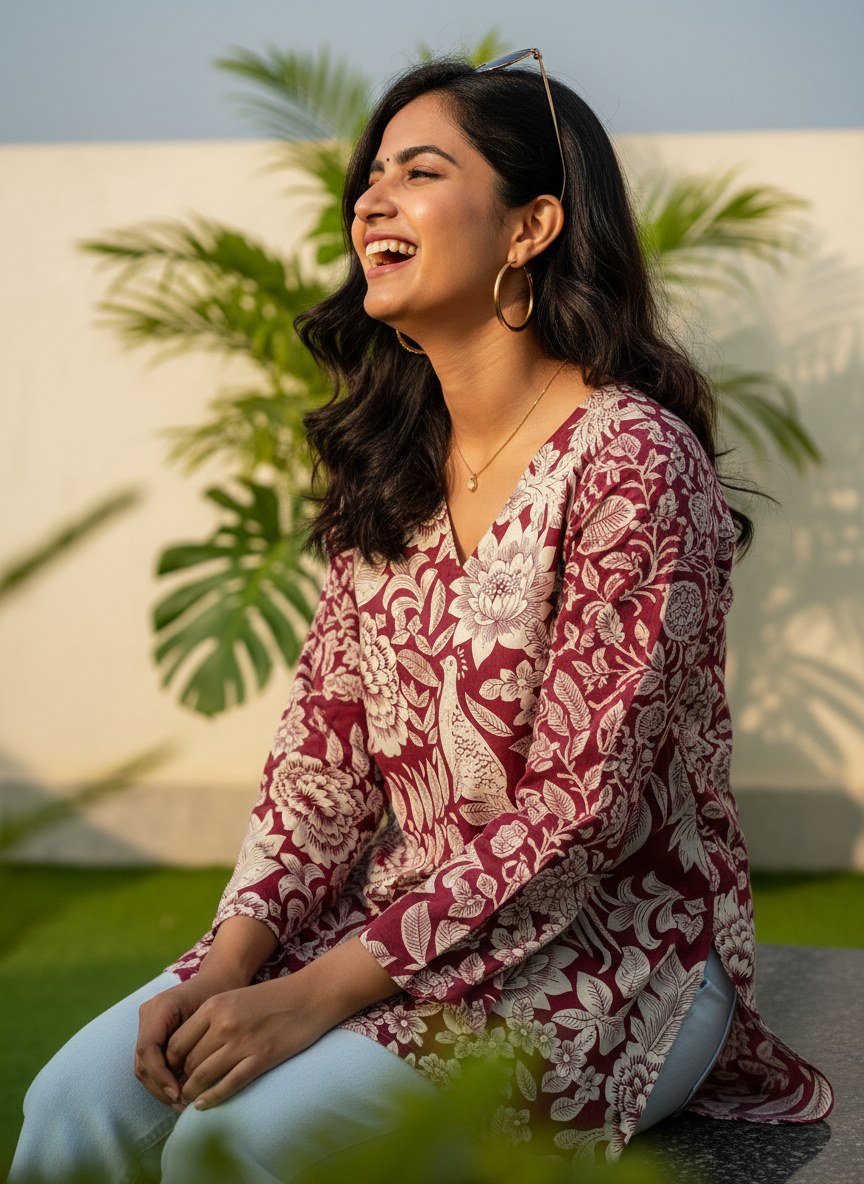 Maroon Peacock Garden Cotton Short Kurti