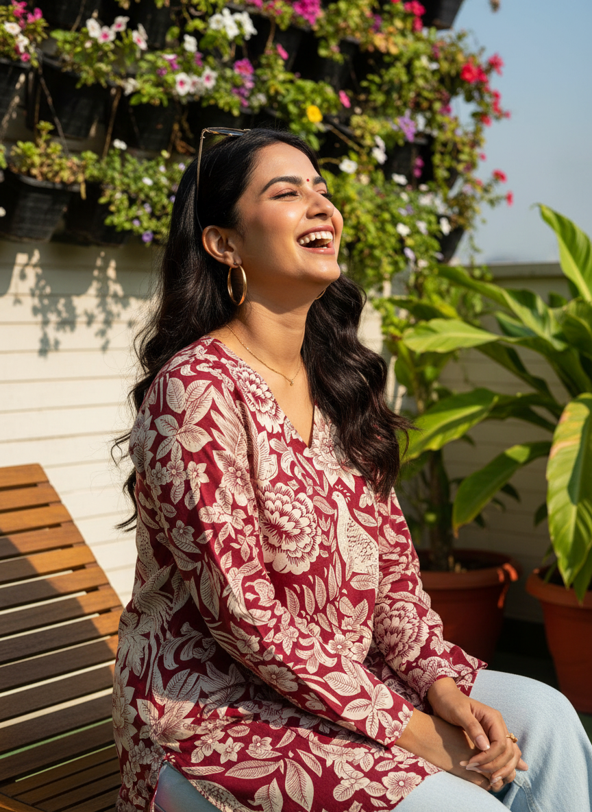 Maroon Peacock Garden Cotton Short Kurti