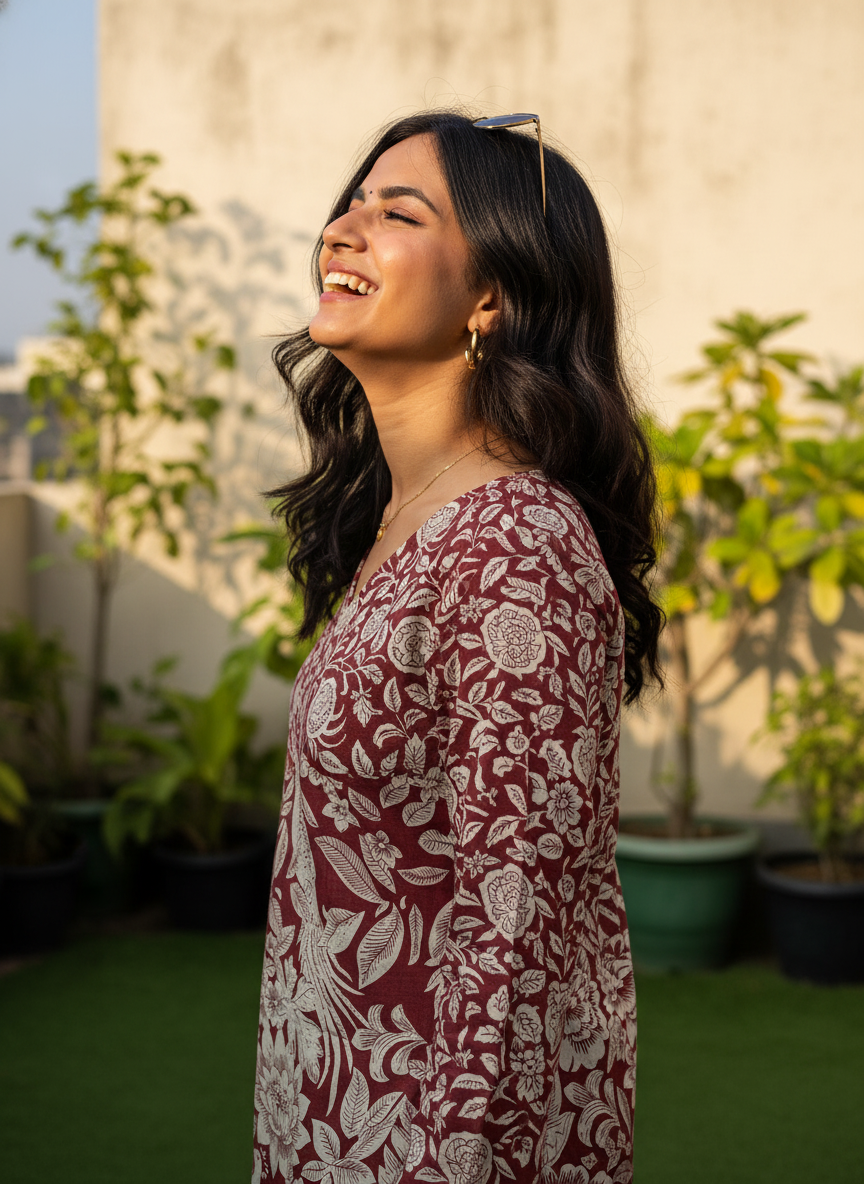 Maroon Peacock Garden Cotton Short Kurti