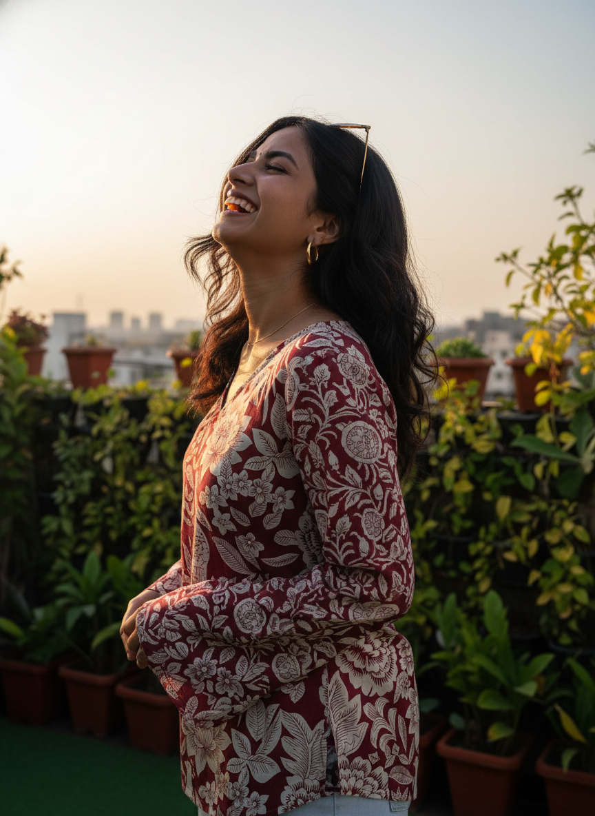 Maroon Peacock Garden Cotton Short Kurti