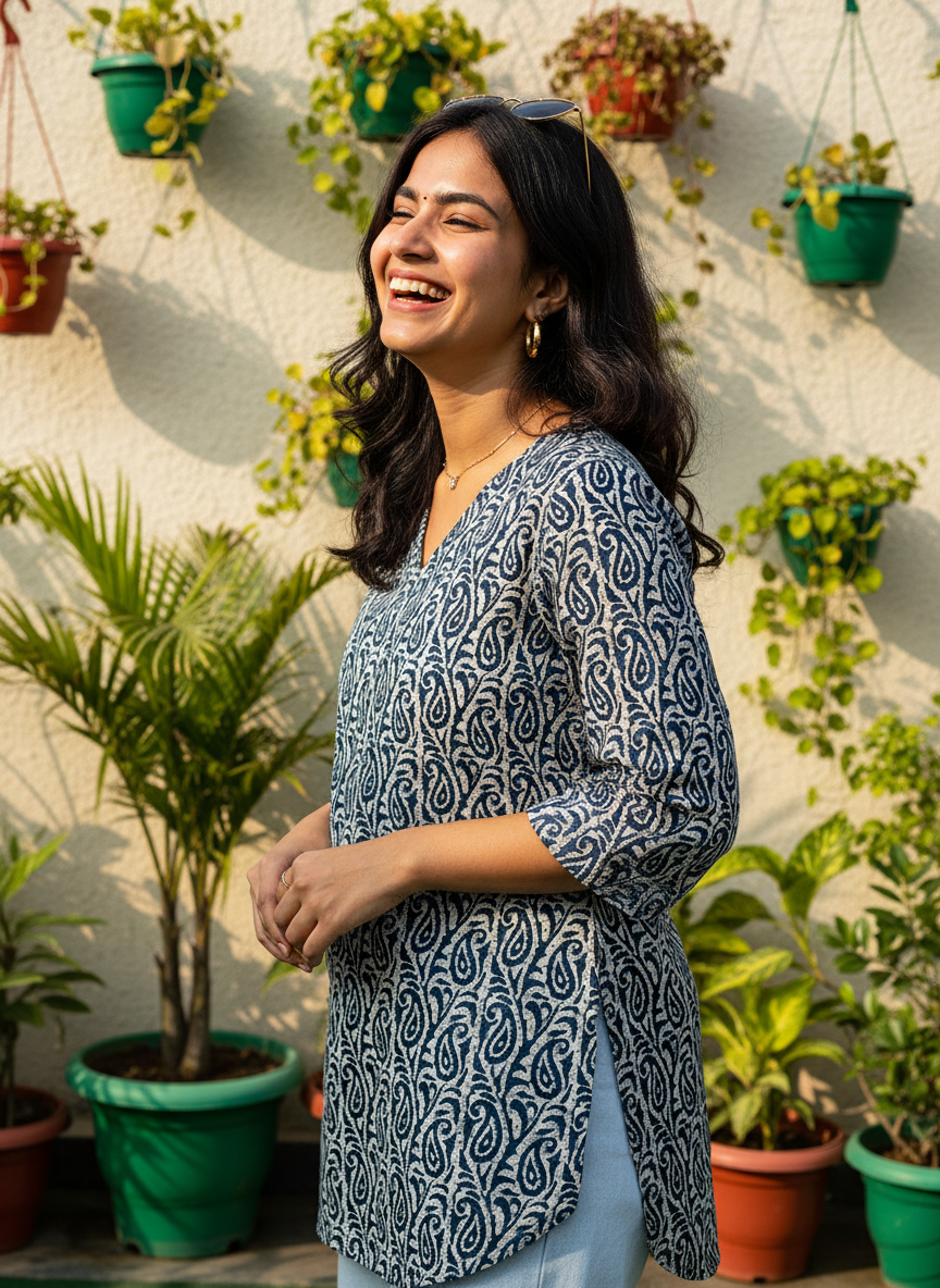 Navy Leaf Trail Cotton Short Kurti