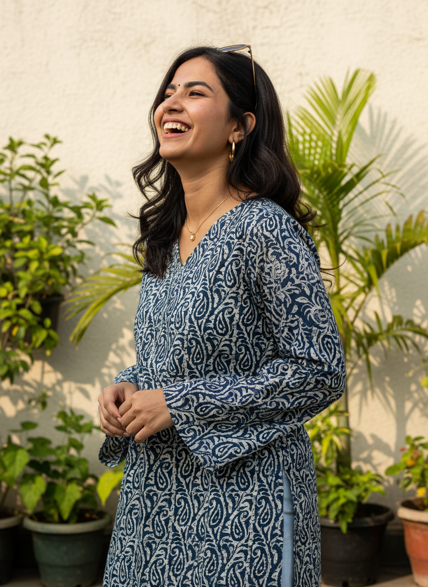 Navy Leaf Trail Cotton Short Kurti