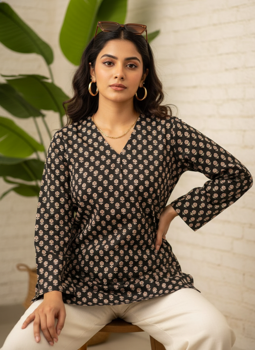 Midnight Blossom Cotton Short Kurti
