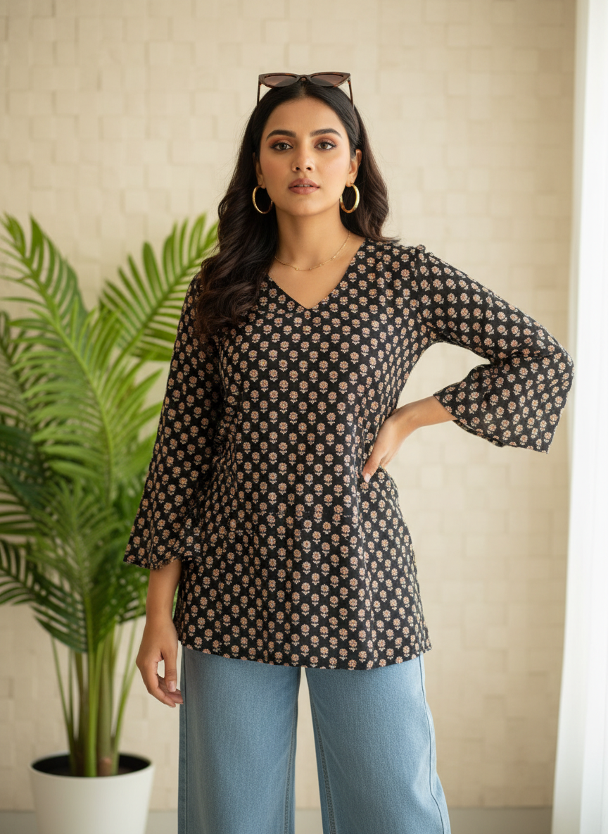 Midnight Blossom Cotton Short Kurti