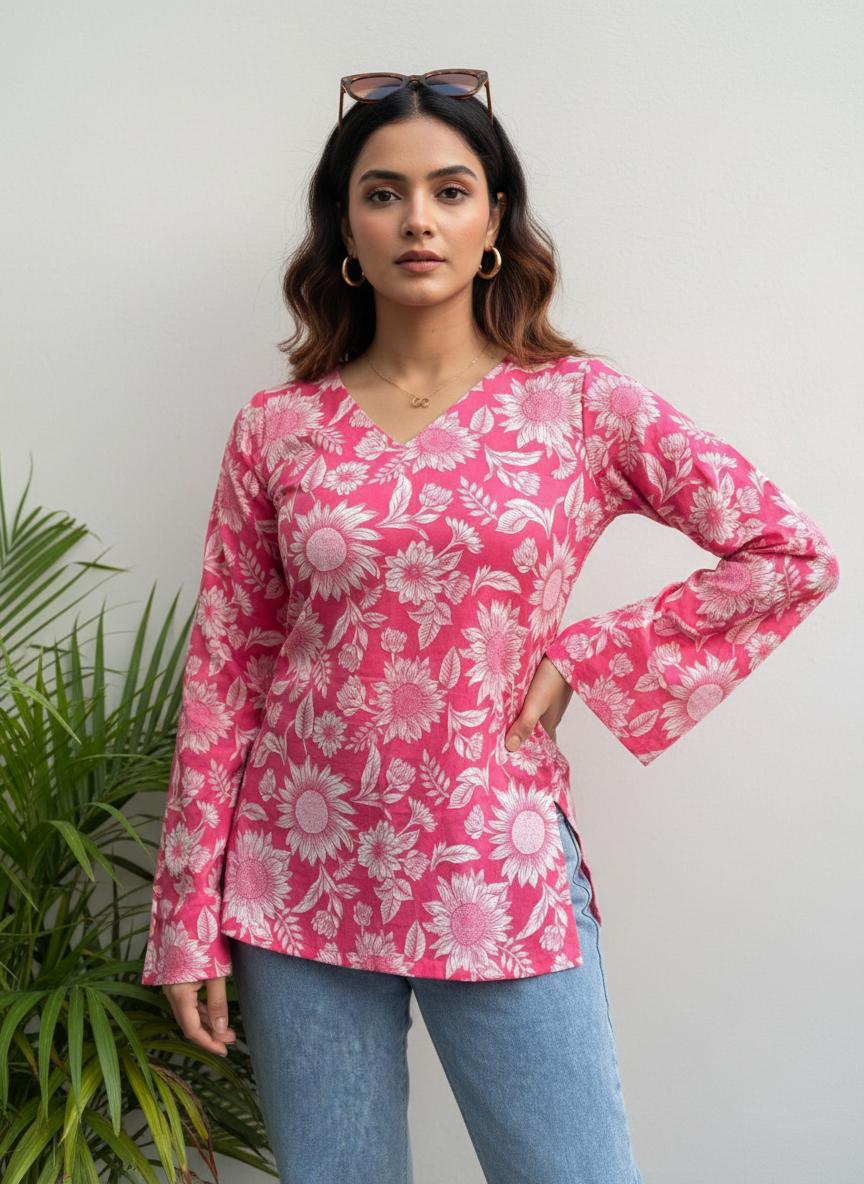 Pink Sunflower Bloom Cotton Short Kurti