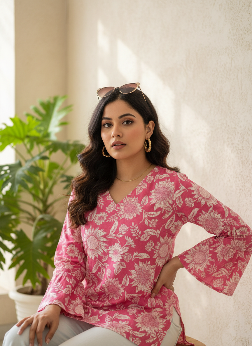 Pink Sunflower Bloom Cotton Short Kurti