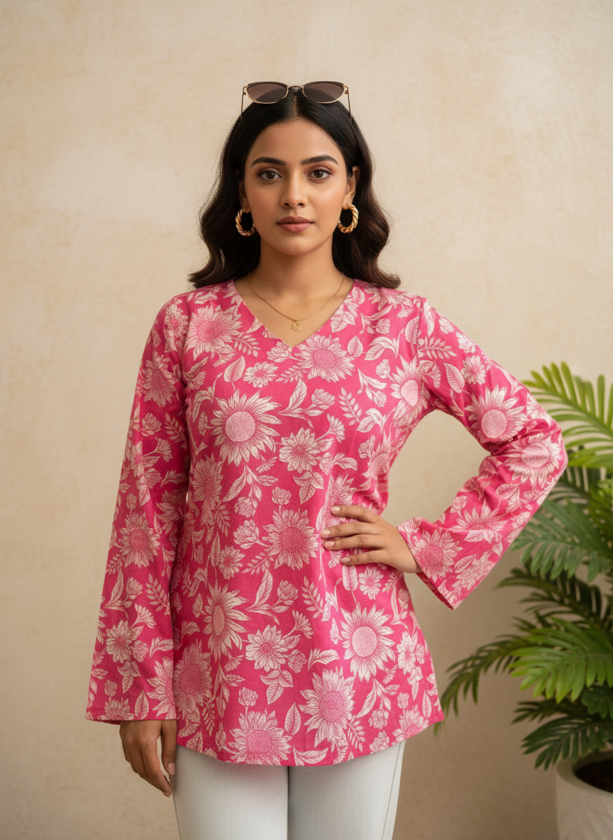 Pink Sunflower Bloom Cotton Short Kurti