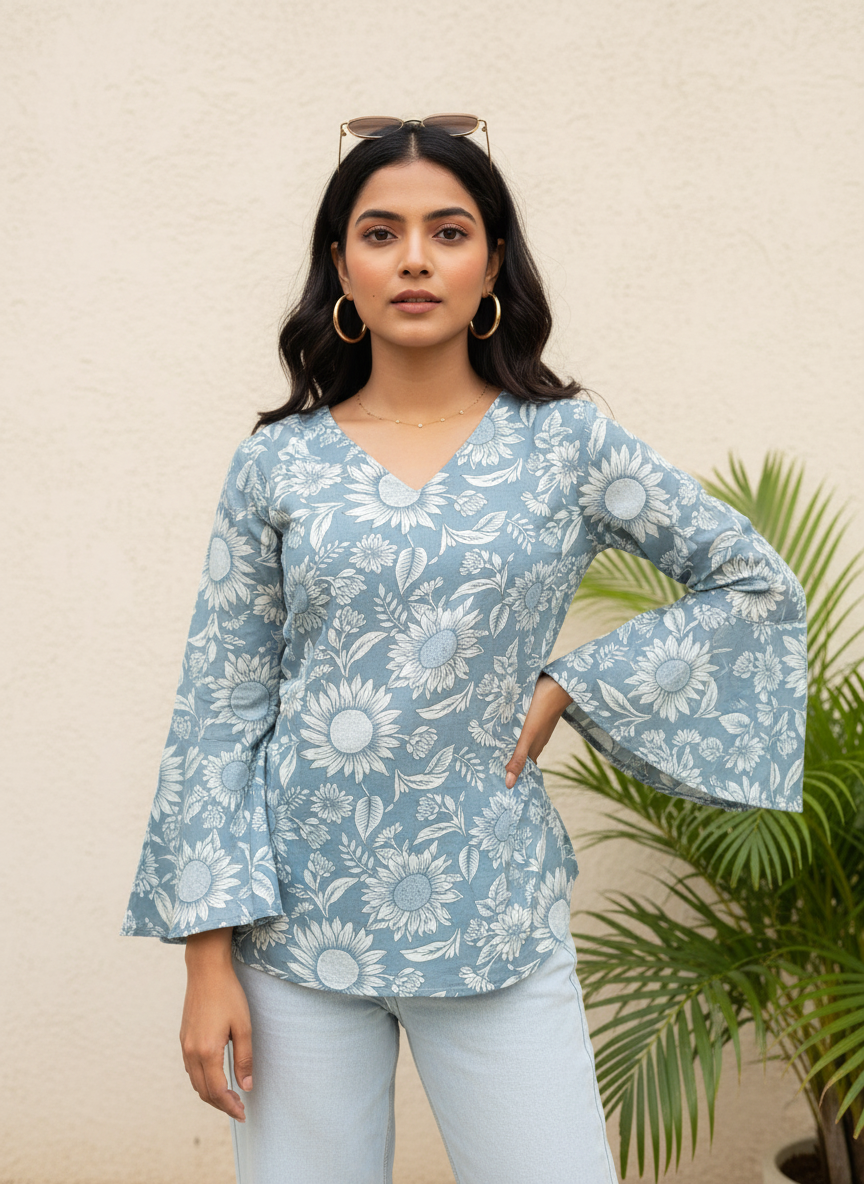 Sky Bloom Cotton Short Kurti