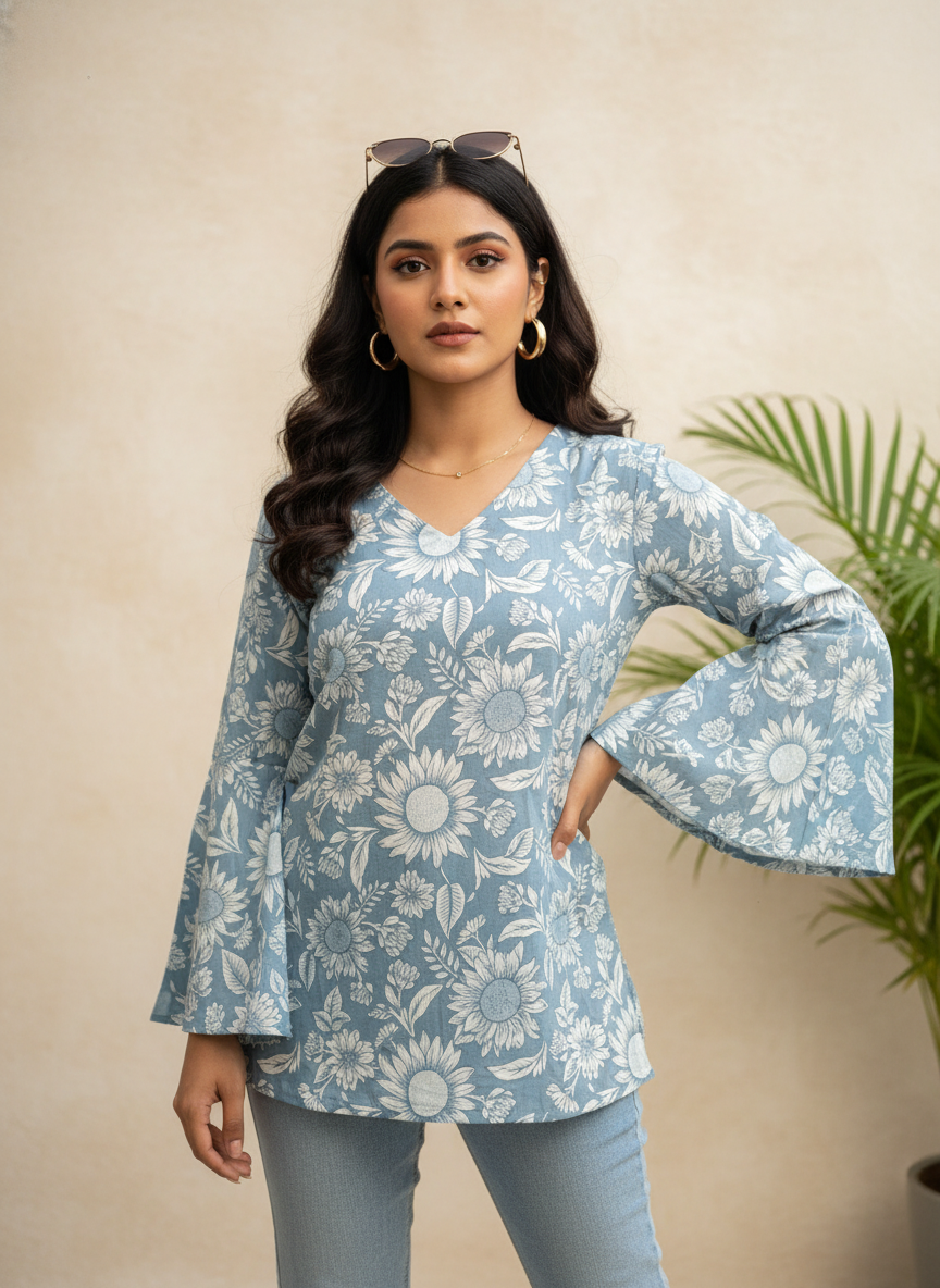 Sky Bloom Cotton Short Kurti