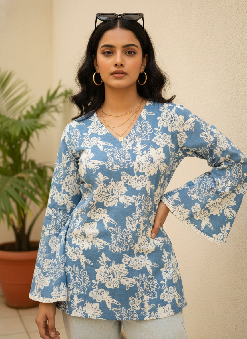 Blue Lily Charm Cotton Short Kurti