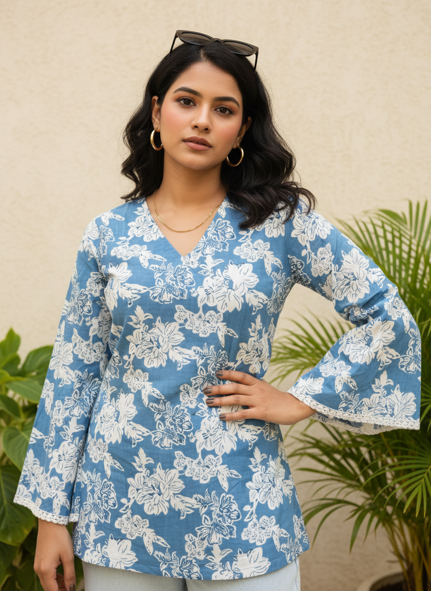 Blue Lily Charm Cotton Short Kurti