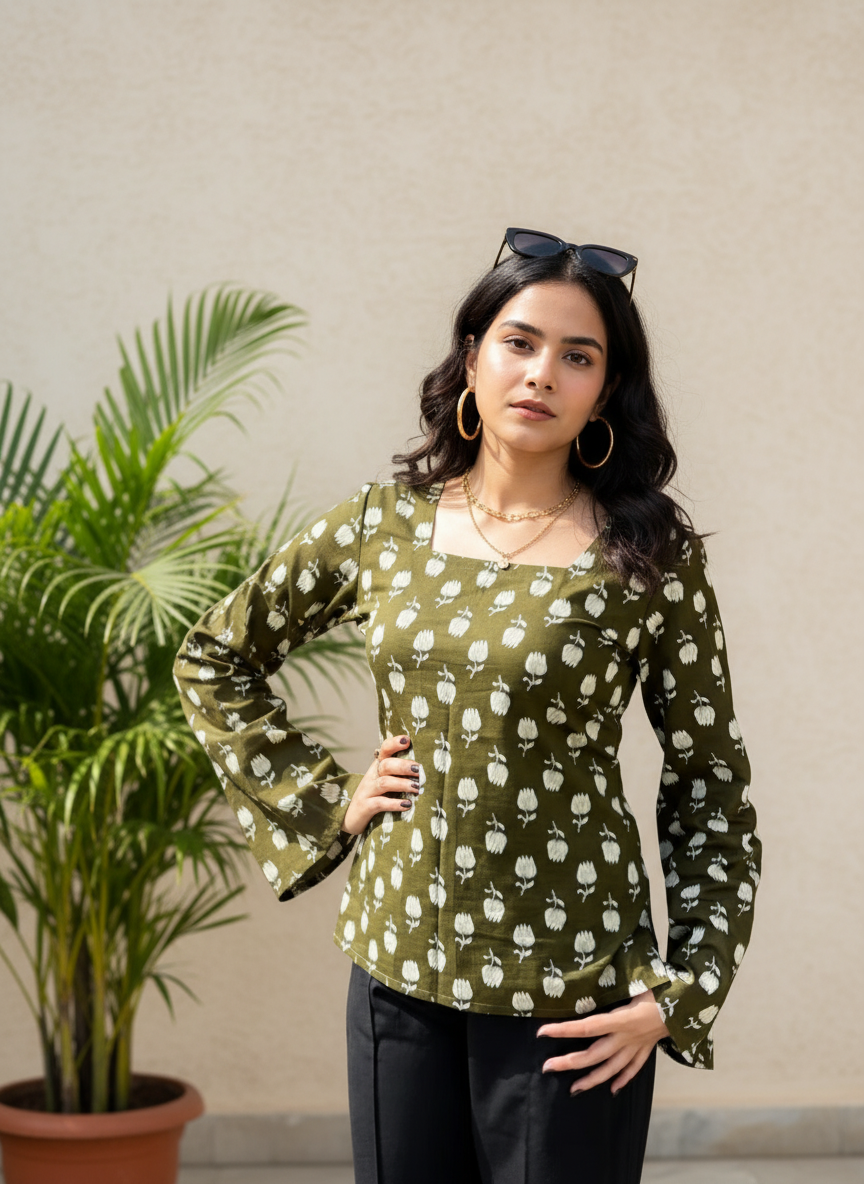 Olive Tulip Cotton Short Kurti