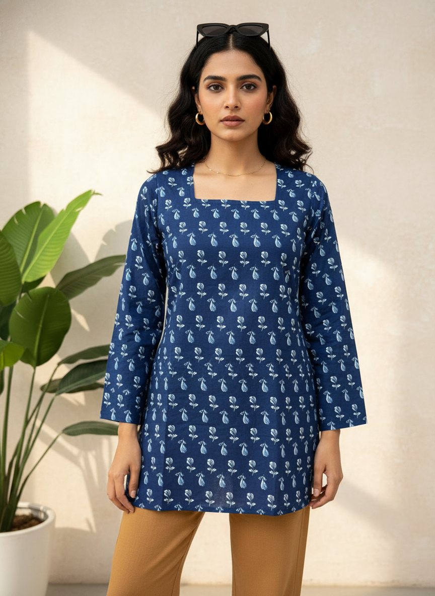 Blue Lotus Cotton Short Kurti