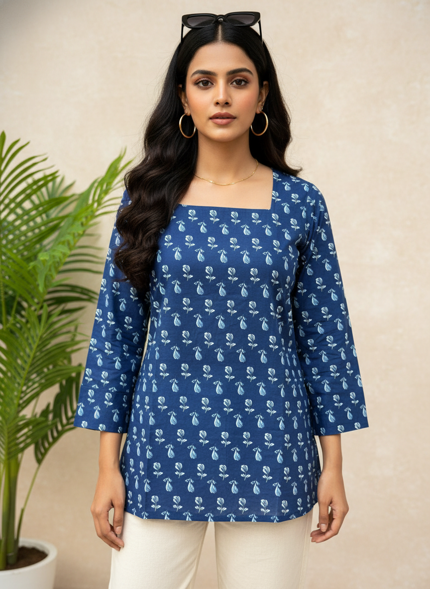 Blue Lotus Cotton Short Kurti