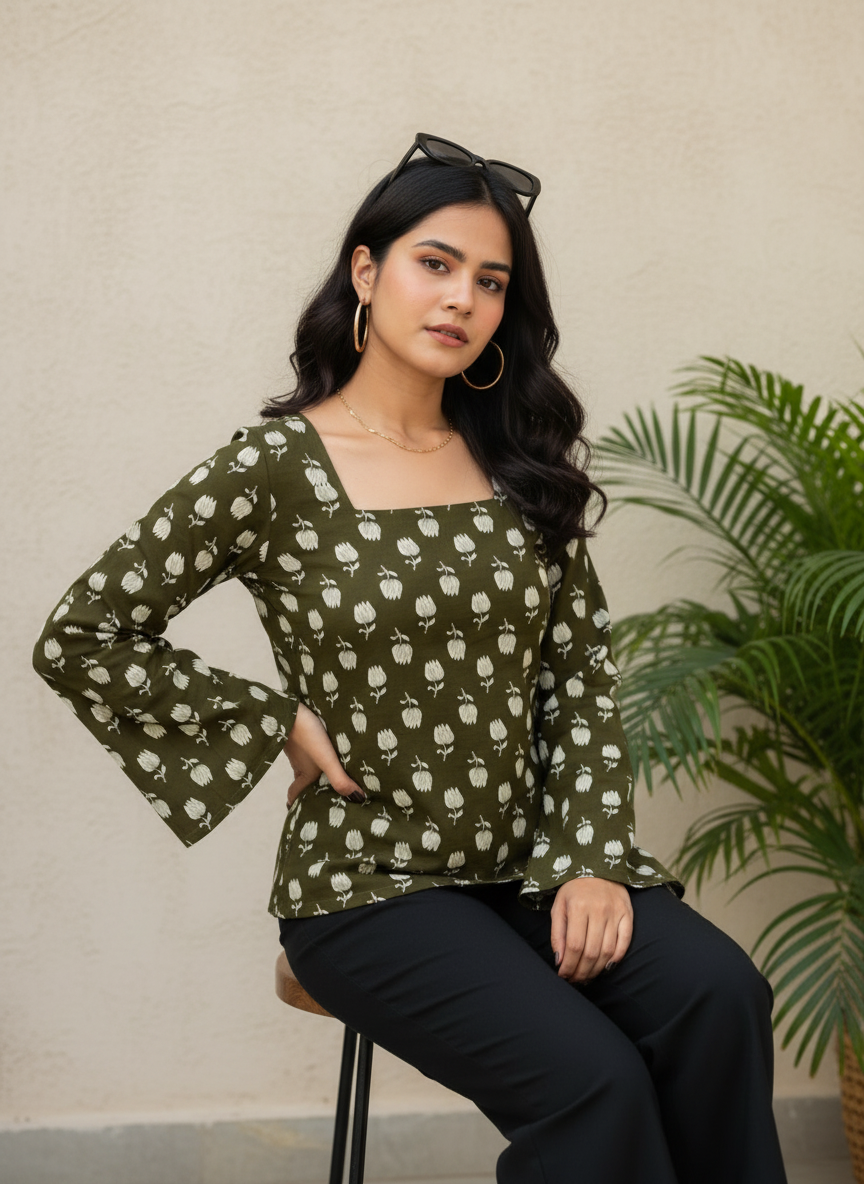 Olive Tulip Cotton Short Kurti