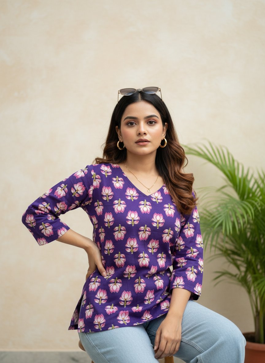 Royal Lotus Cotton Short Kurti