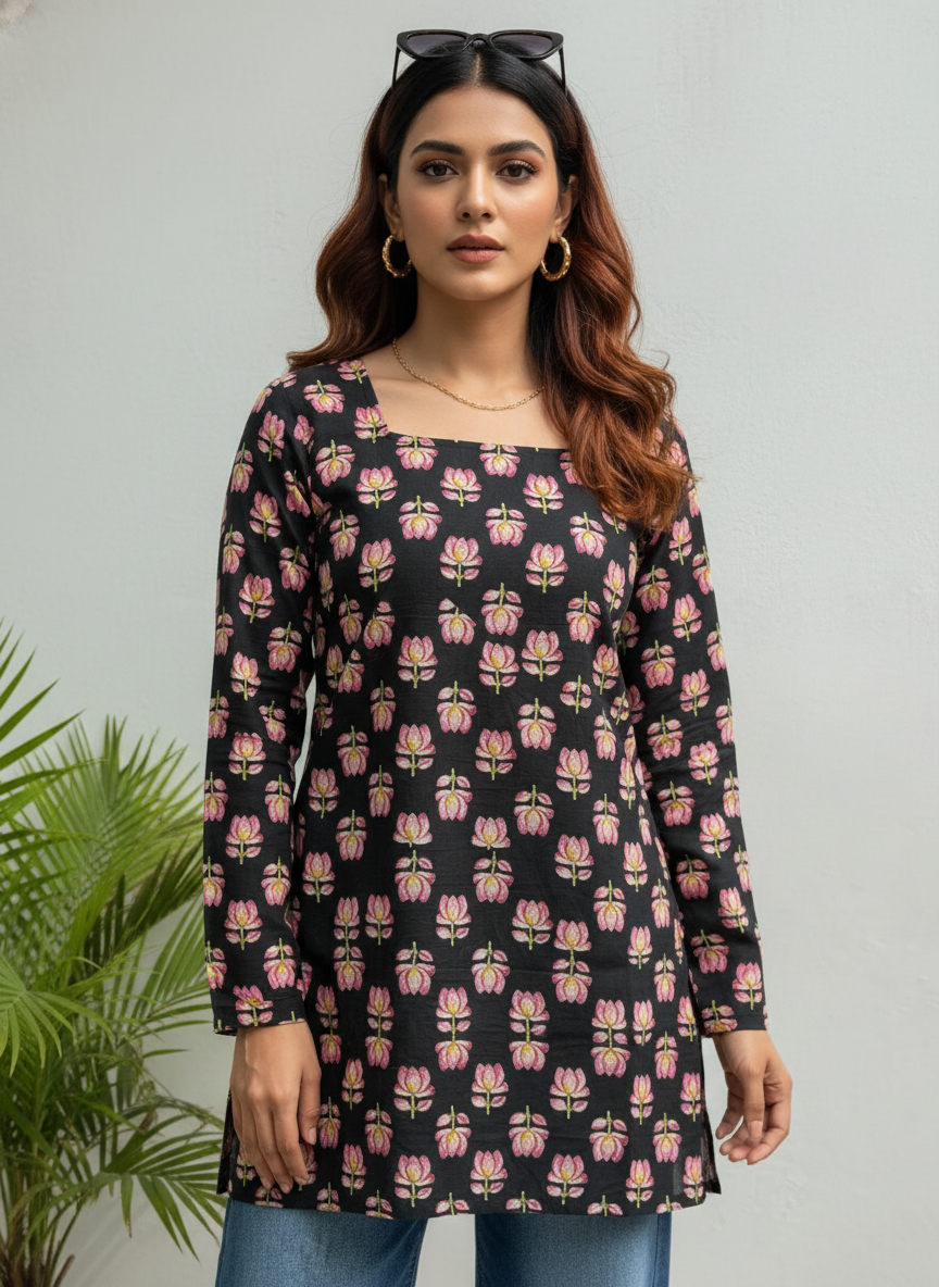 Black Lotus Cotton Short Kurti