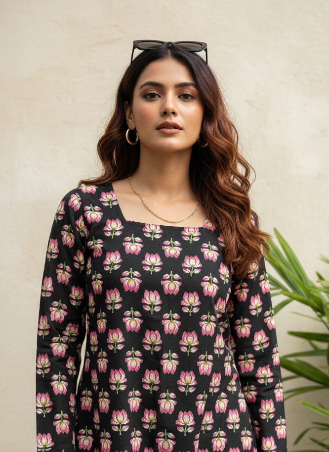 Black Lotus Cotton Short Kurti