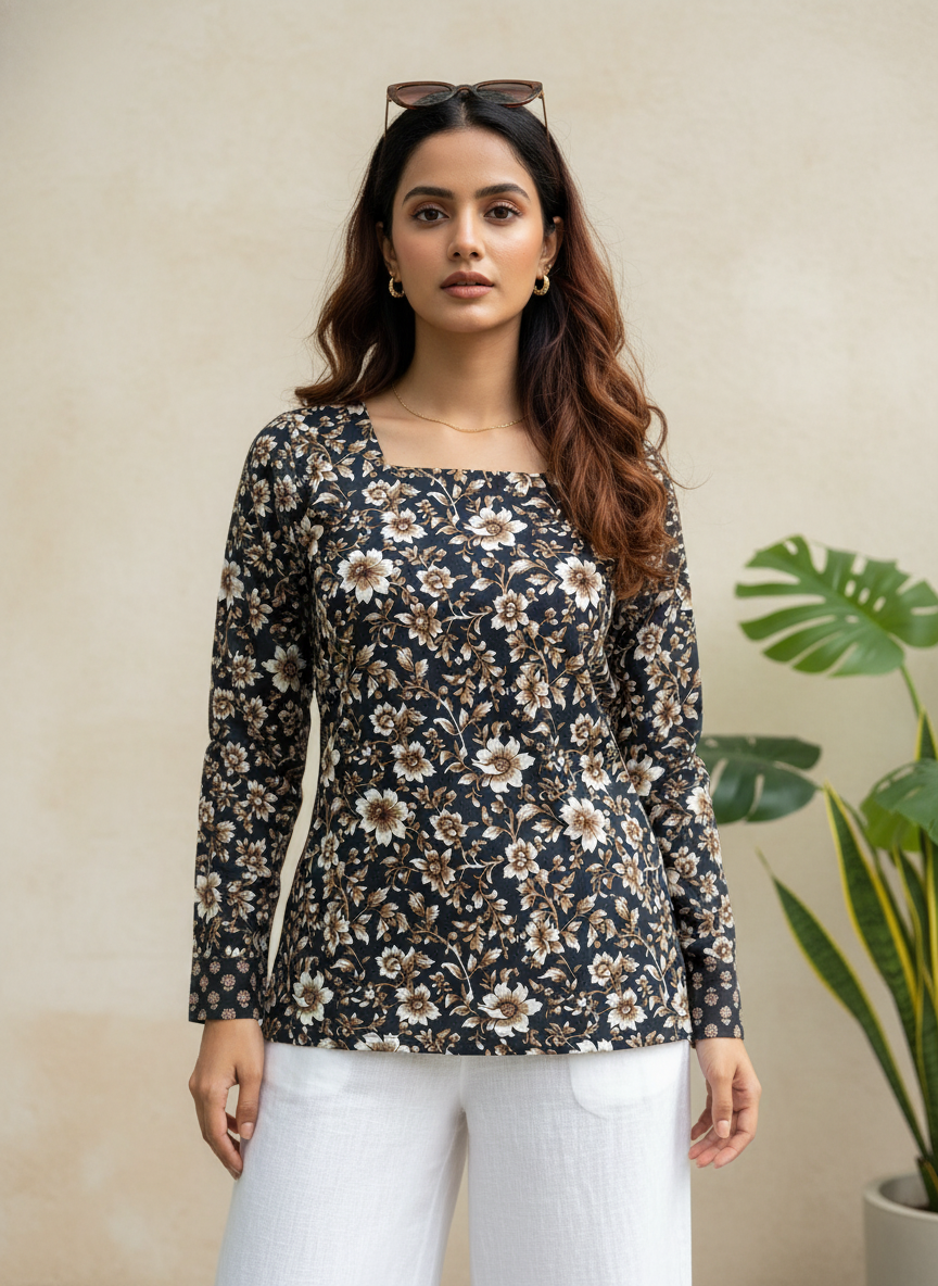 Black Flower Cotton Short Kurti